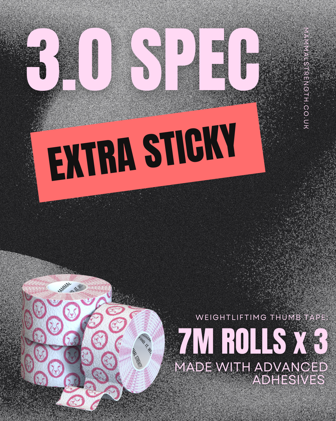 Promotional image of weightlifting thumb tape with text about specifications and features.