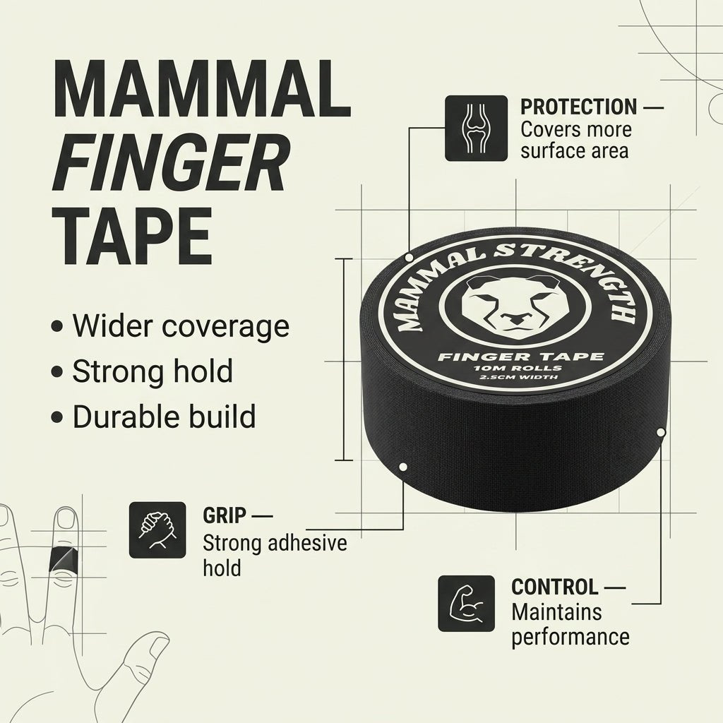 Mammal Finger Tape 2cm performance benefits infographic for finger joint support
