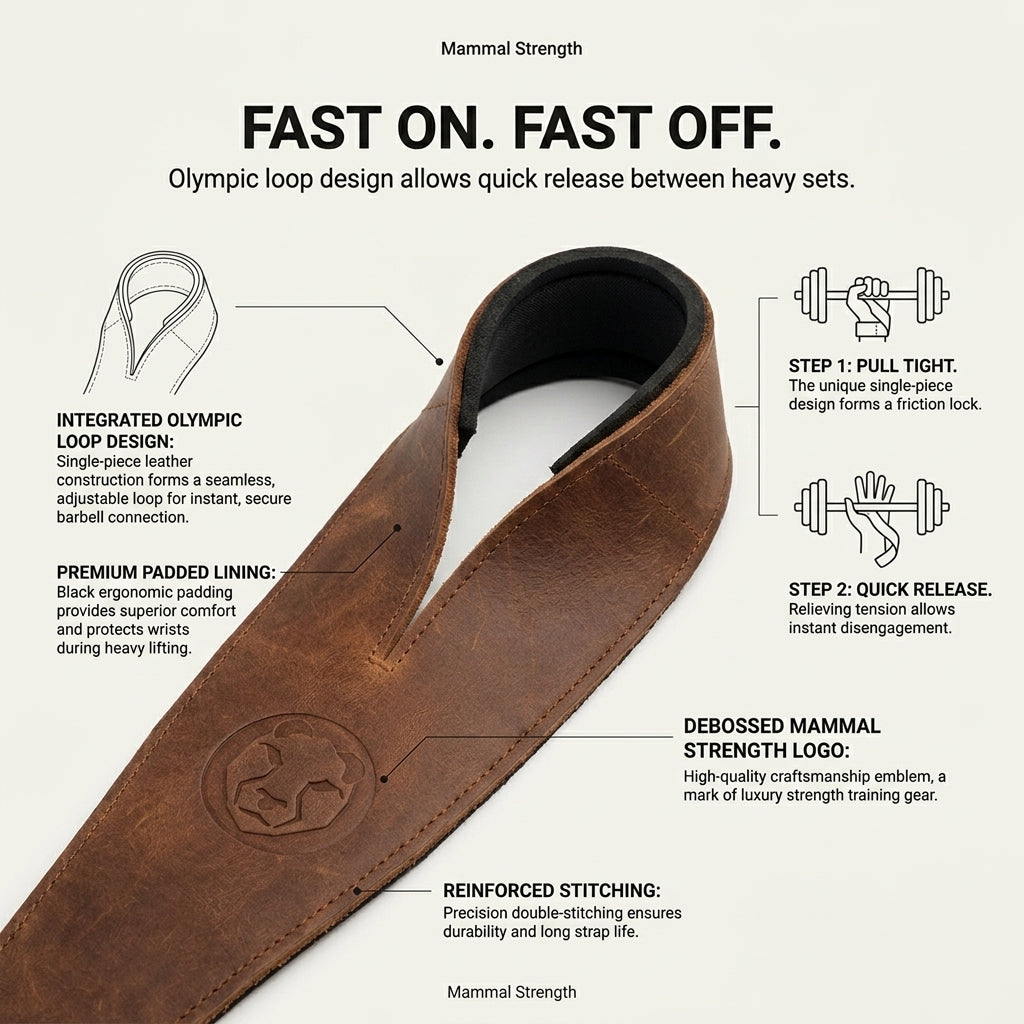 Olympic loop weightlifting strap, product studio shot — Mammal Strength
