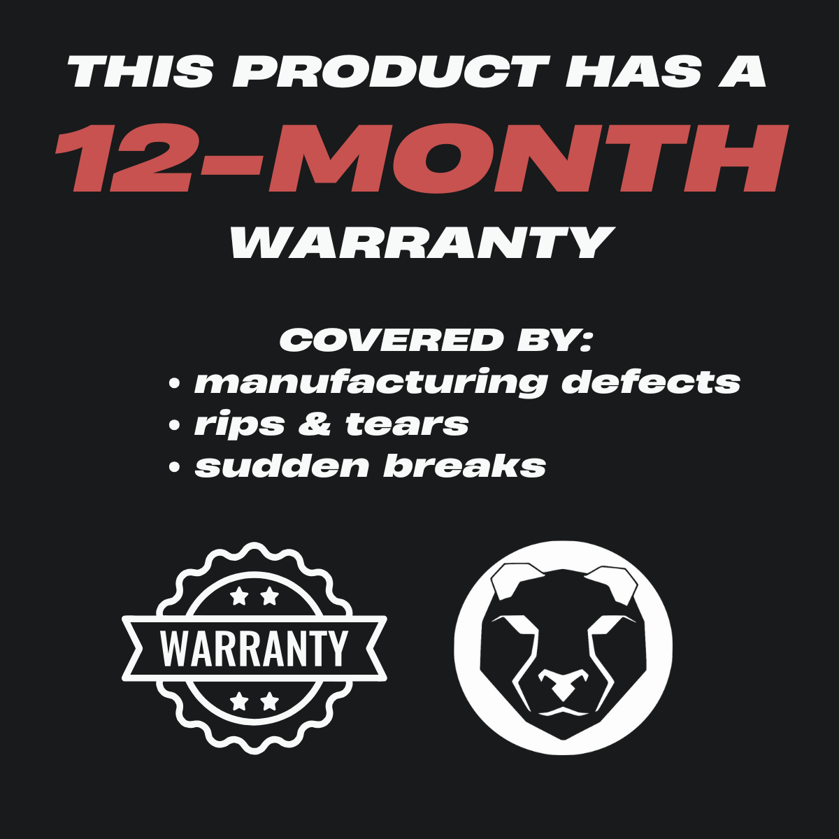 Warranty information for a product with a 12-month warranty on a black background.