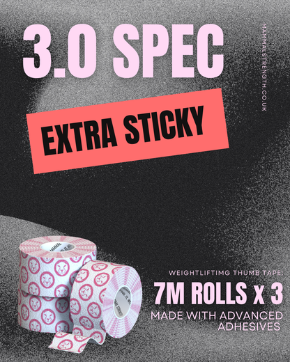 Promotional image of weightlifting thumb tape with text about specifications and features.