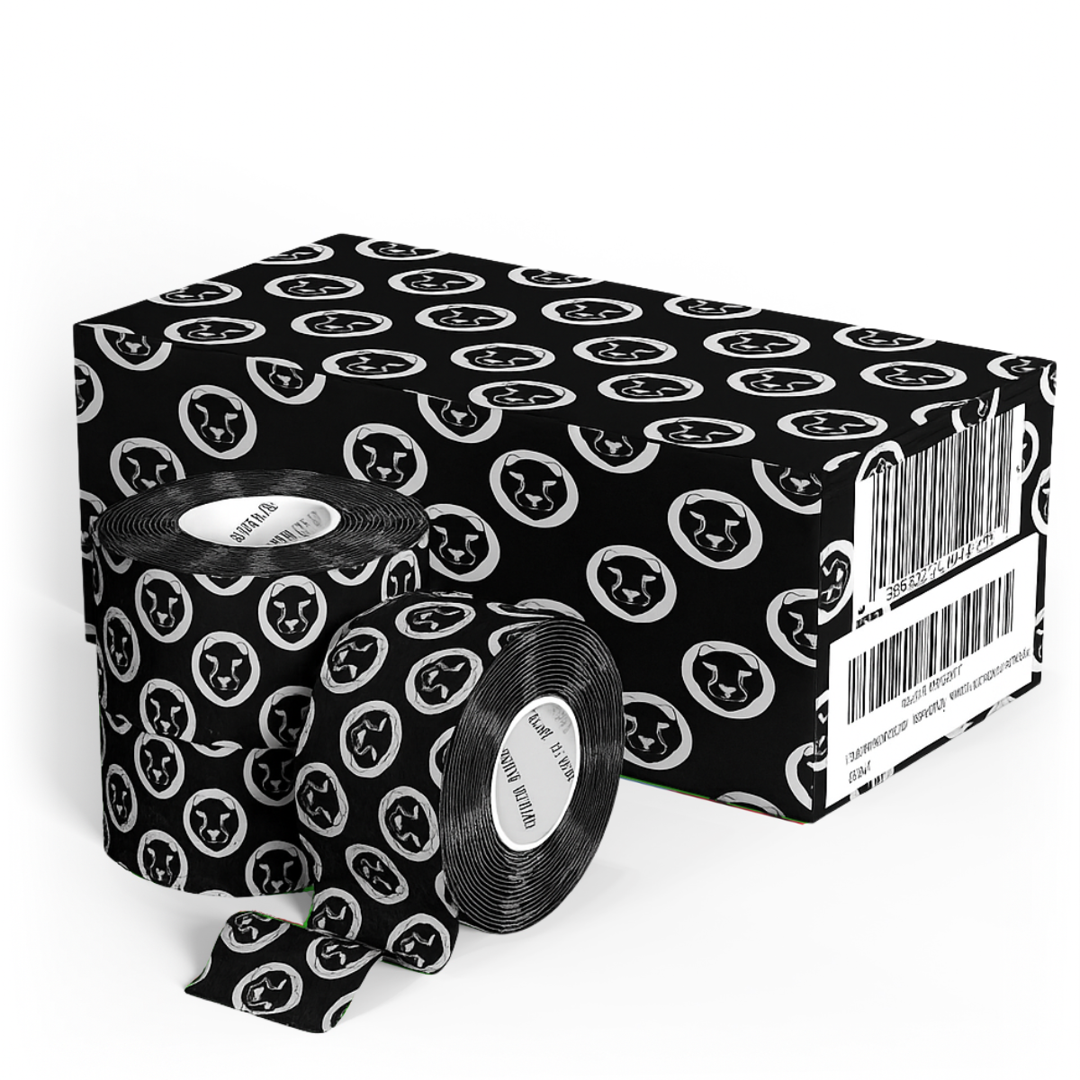Black tape with white patterns on a matching box on a white background