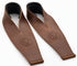 Two brown leather weightlifting straps with black neoprene wrist support on a white background