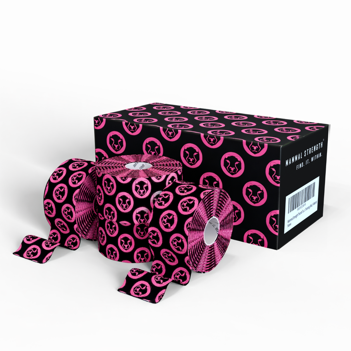 Mammal Tape 10m black and pink weightlifting thumb tape rolls with branded packaging on white background