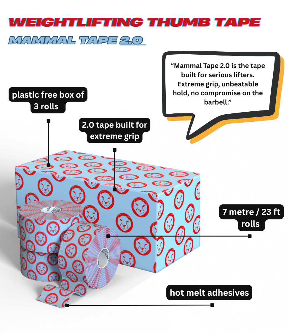 Box of weightlifting thumb tape with features highlighted