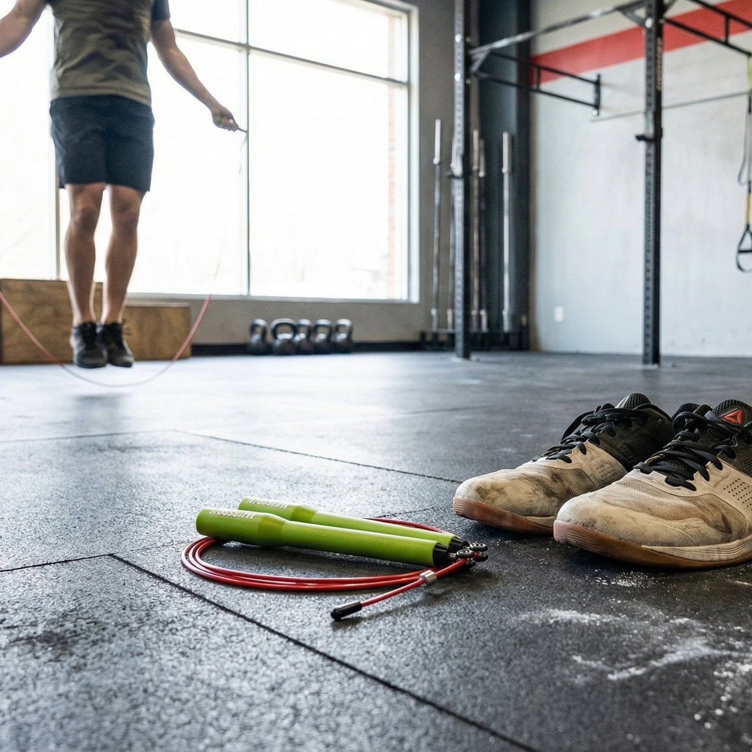 Speed skipping rope on a gym floor with training shoes and kettlebells, used for cardio and functional fitness workouts.