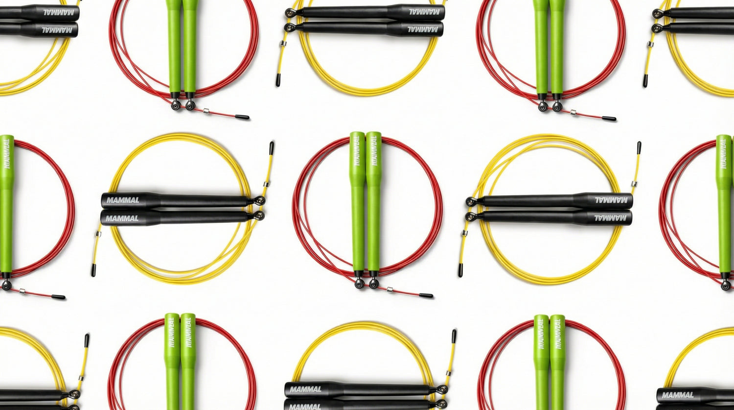 Colourful speed skipping ropes pattern graphic on a white background (red, yellow, and green jump ropes).
