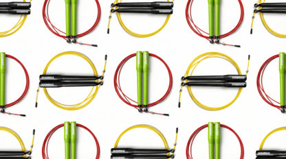 Colourful speed skipping ropes pattern graphic on a white background (red, yellow, and green jump ropes).
