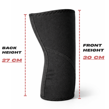 Height measurements of Mammal Strength Stiff Knee Sleeves PRO showing 30 cm front height and 27 cm back height
