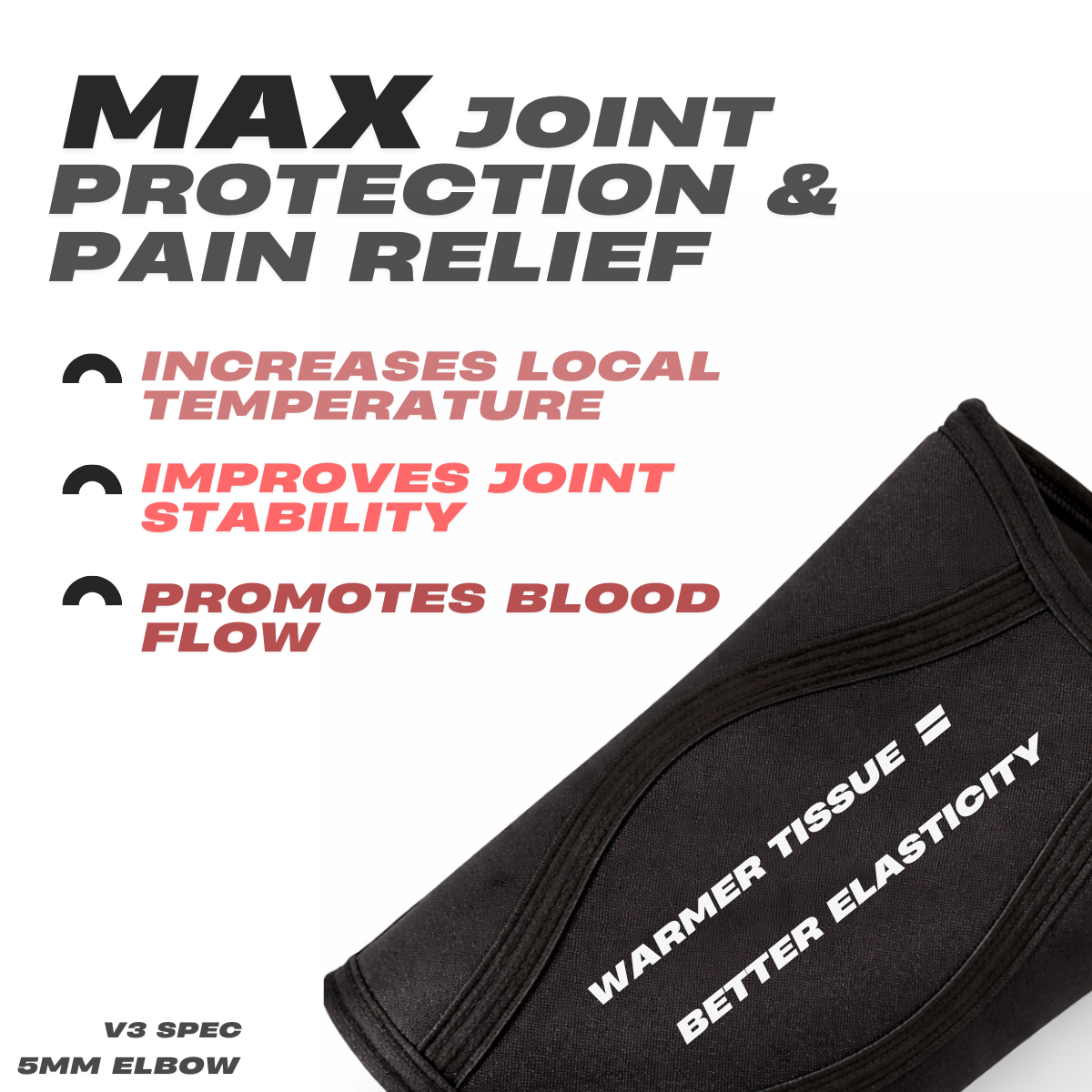 Mammal Strength V3 5mm elbow sleeve shown on a white background with performance benefit text and contoured neoprene construction
