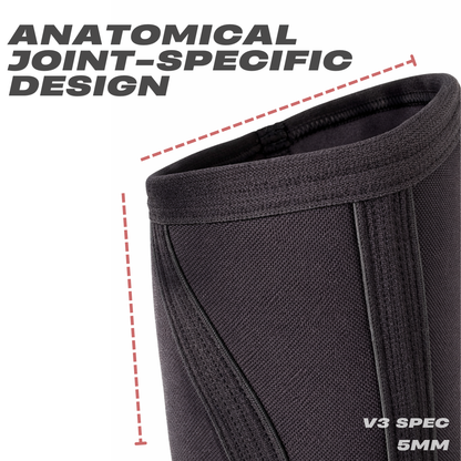 Anatomical joint-specific design of Mammal Strength V3 5mm knee sleeves for stable knee support during training
