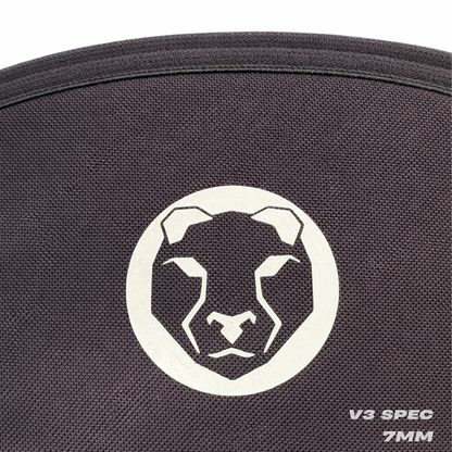 Mammal Strength logo detail on V3 7mm knee sleeves showing branding on neoprene fabric
